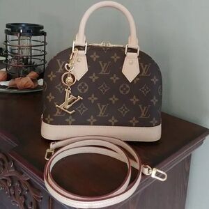 Louis Vuitton Inspired Brown Monogram Dome Satchel with Beige Trim